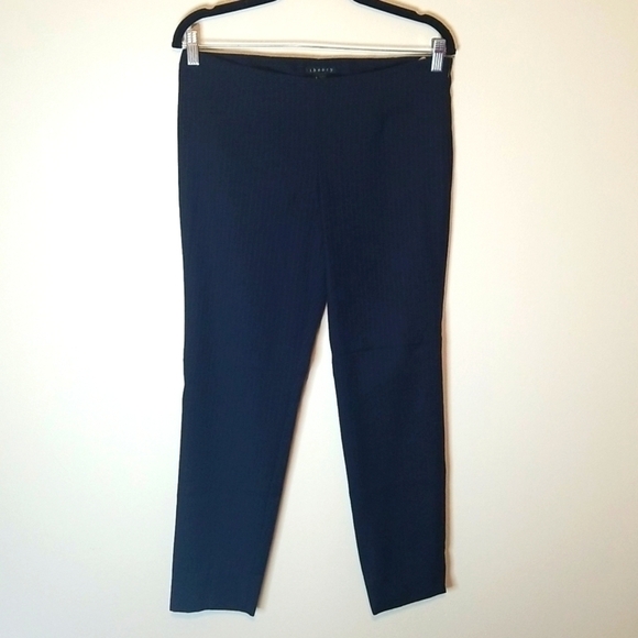 Theory navy blue pin stripe pin tuck pants size 6 side zipper 100% Wool EUC - Picture 1 of 6